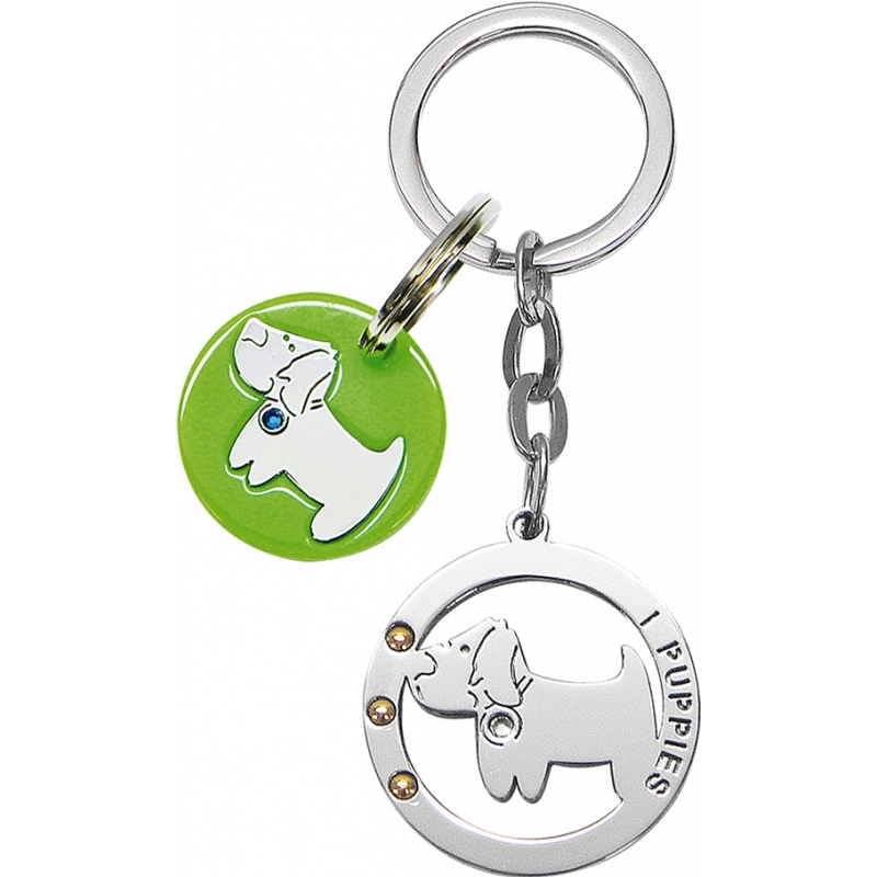 I Puppies Combined Silver Green Puppy Keyring