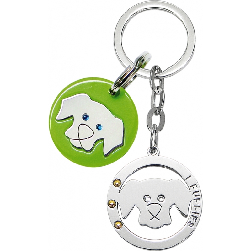 I Puppies Combined Silver Green Puppy Keyring
