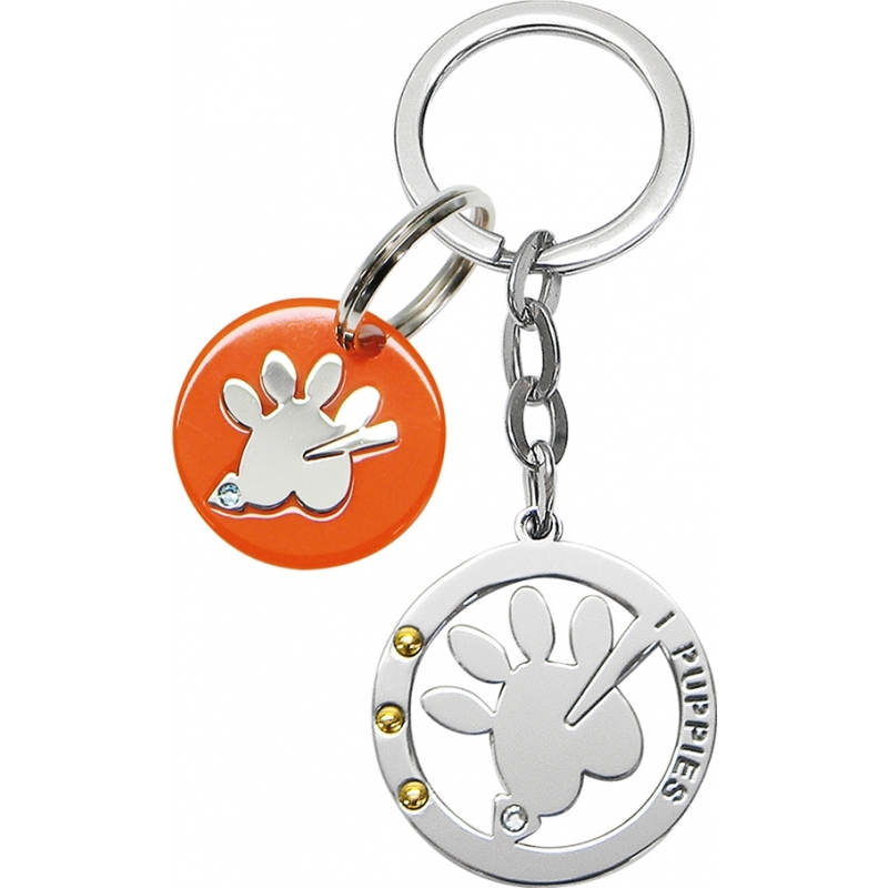 I Puppies Combined Silver Orange Paw Keyring