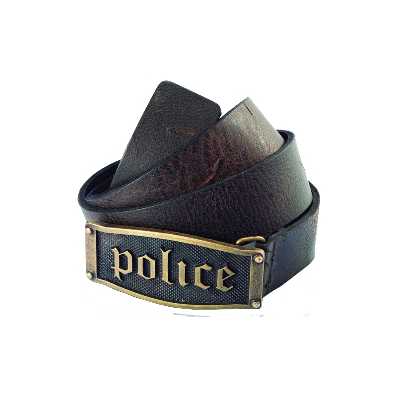 Police Hestia Gothic Brown Brass Buckle Leather Belt - L