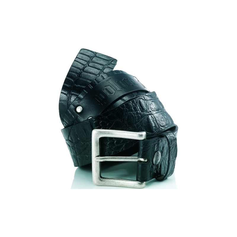 Police Croc Black Leather Silver Buckle Belt - L