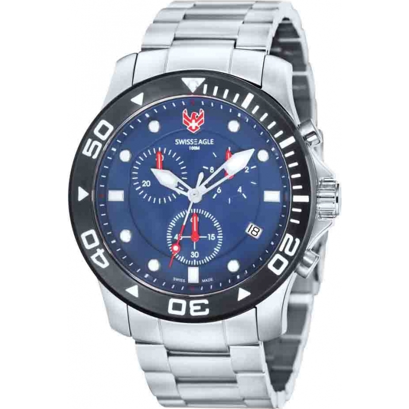 Swiss Eagle Mens Dive Sea Bridge Silver Chronograph Watch