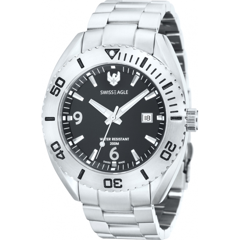 Swiss Eagle Mens Dive Torpedo Black Silver Watch