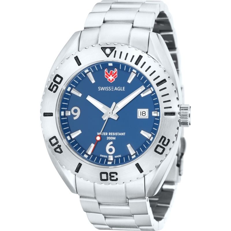 Swiss Eagle Mens Dive Torpedo Blue Silver Watch
