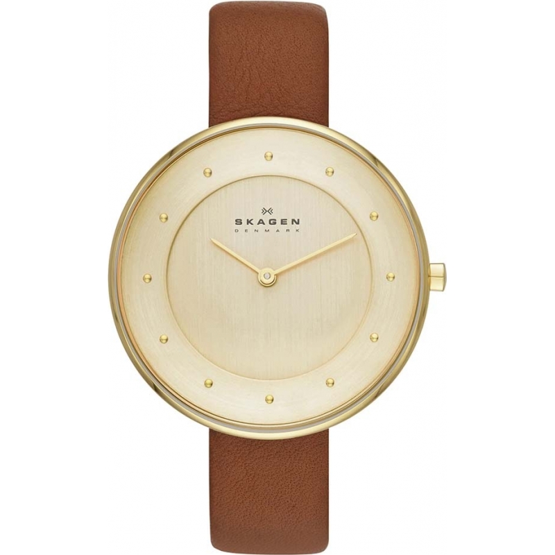 Skagen Ladies Gitte Gold Plated Brown Leather Strap Watch