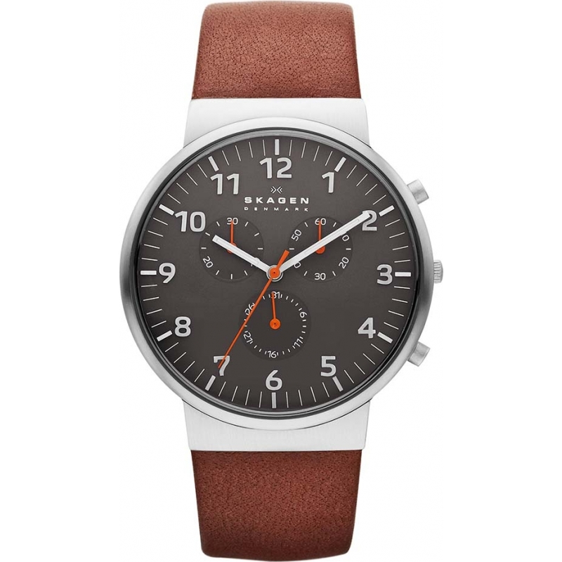 Skagen Mens Ancher Chronograph Brown Leather Strap Watch