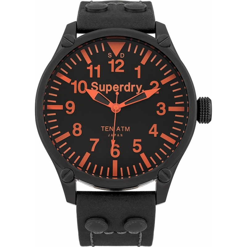 Superdry Mens Aviation Equipment Black Leather Strap Watch