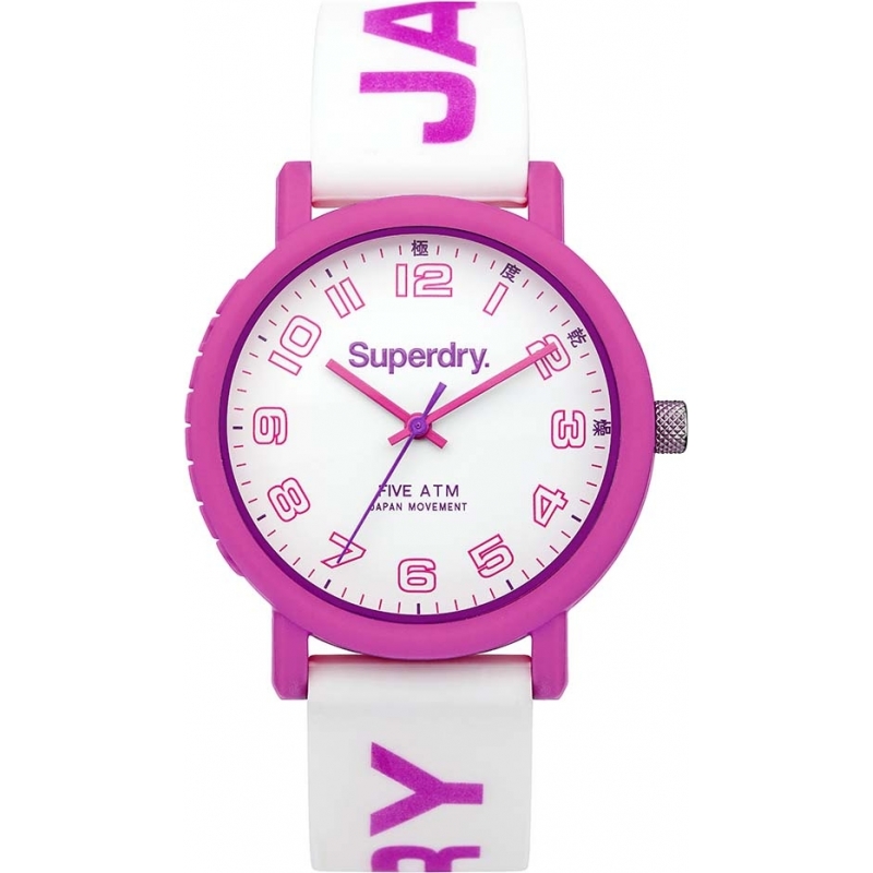 Superdry Ladies Campus Pink Printed White Silicone Strap Watch