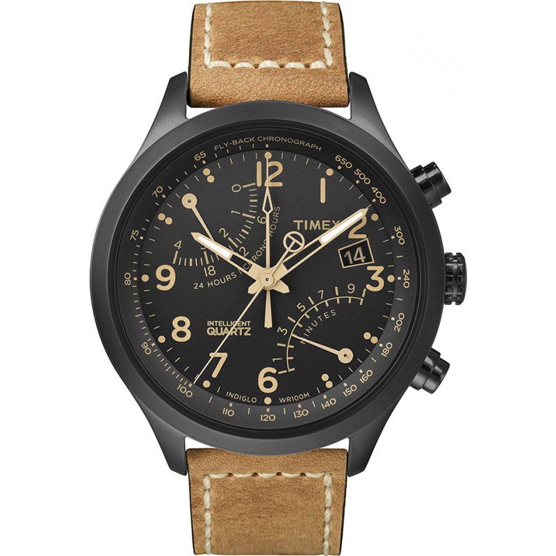 Timex Intelligent Quartz Mens Black Tan Fly-Back Chronograph Watch