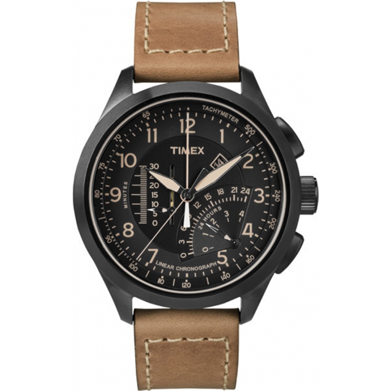 Timex Intelligent Quartz Mens Black Tan Linear Chronograph Watch