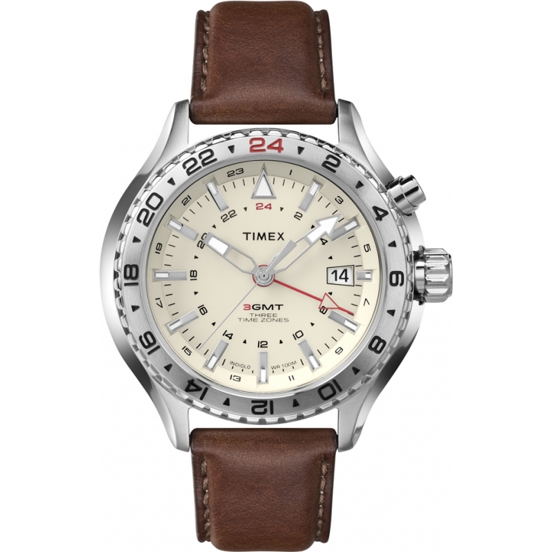 Timex Intelligent Quartz Mens 3GMT Brown Leather Strap Watch