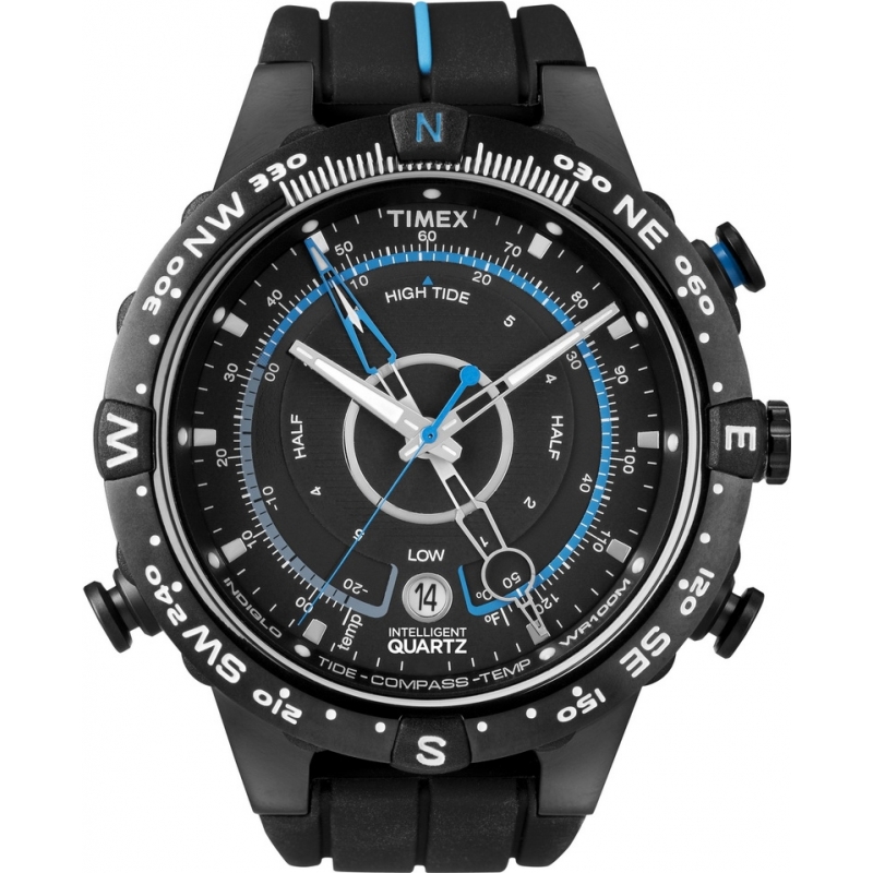 Timex Intelligent Quartz Mens Black Blue Tide Temp Compass Watch
