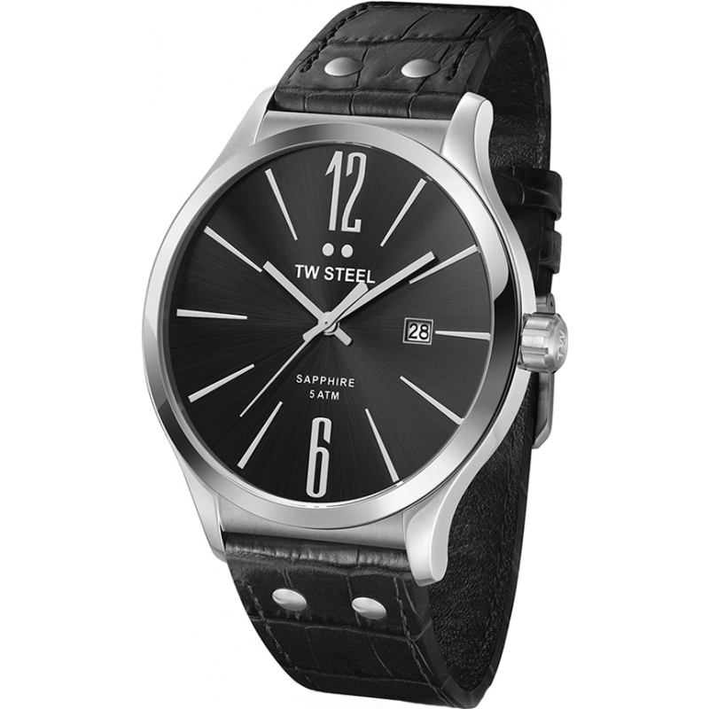 TW Steel Slim Line All Black Leather Strap Watch