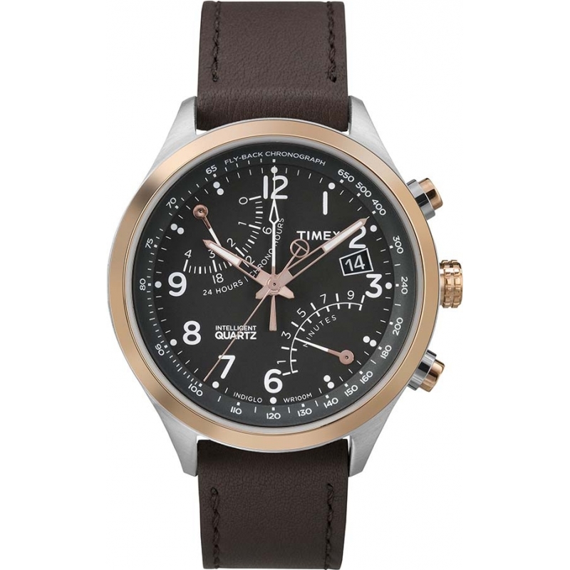 Timex Intelligent Quartz Mens Black Brown Fly-Back Chronograph Watch