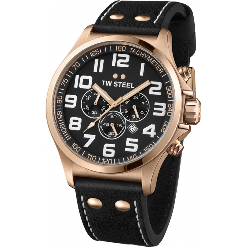 TW Steel Pilot Chronograph Black Leather Strap Watch