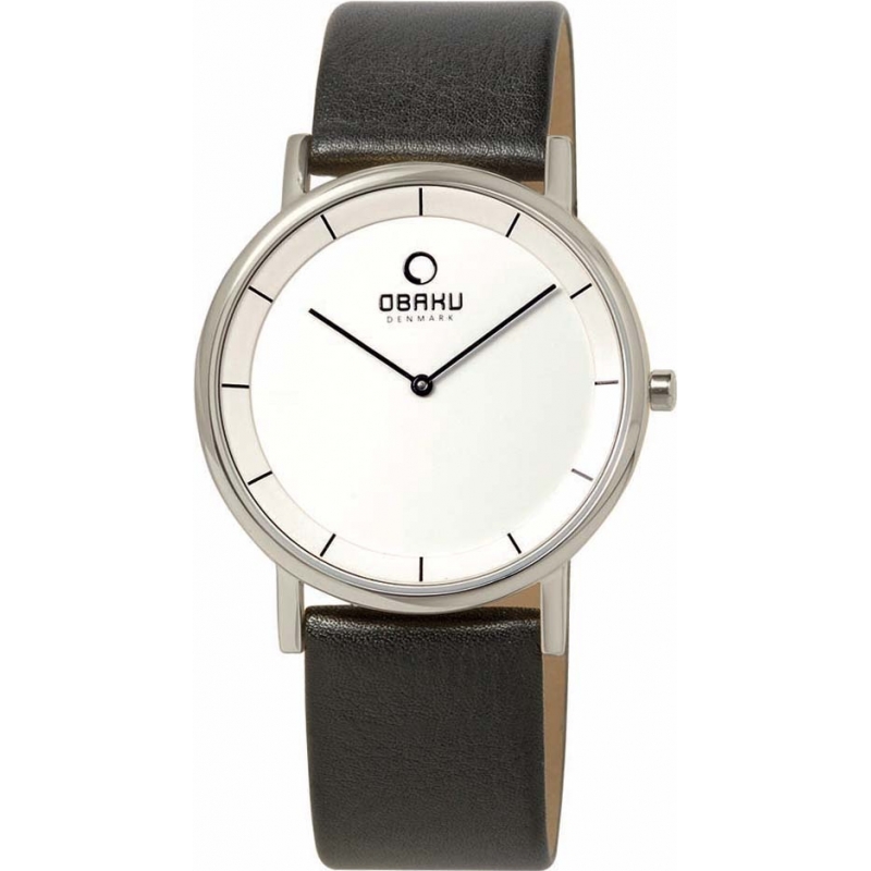 Obaku Mens White Black Leather Strap Watch