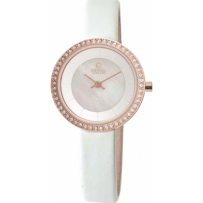 Obaku Ladies Rose Gold Plated White Leather Strap Watch