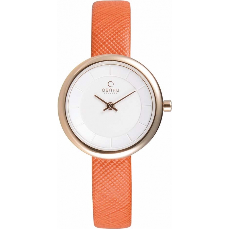 Obaku Ladies Rose Gold Plated Coral Leather Strap Watch