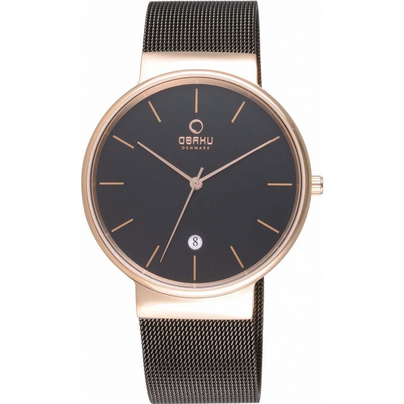 Obaku Mens Rose Gold Plated Black Mesh Bracelet Watch