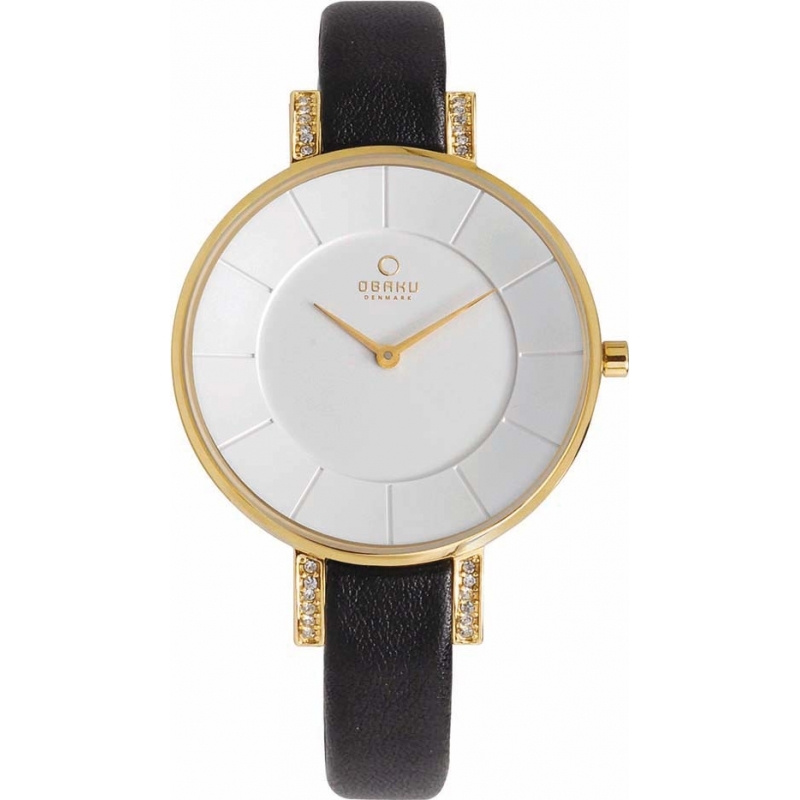 Obaku Ladies Gold Plated Stone Set Skinny Black Leather Strap Watch