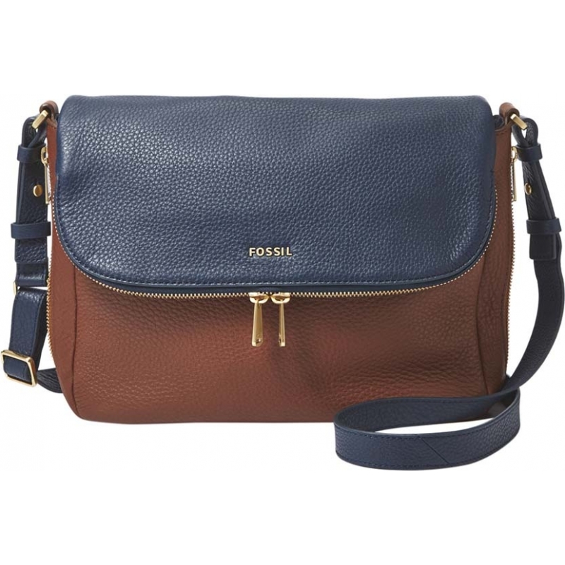 Fossil Ladies Preston Small Blue and Brown Flap Bag